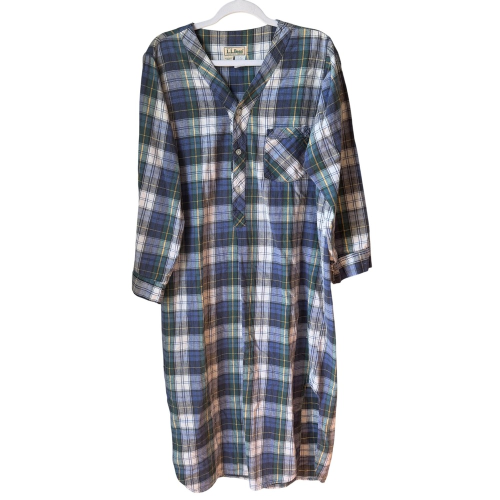 Vintage LL Bean Plaid Flannel Nightgown Henley Sleep Dress USA Cotton Women L